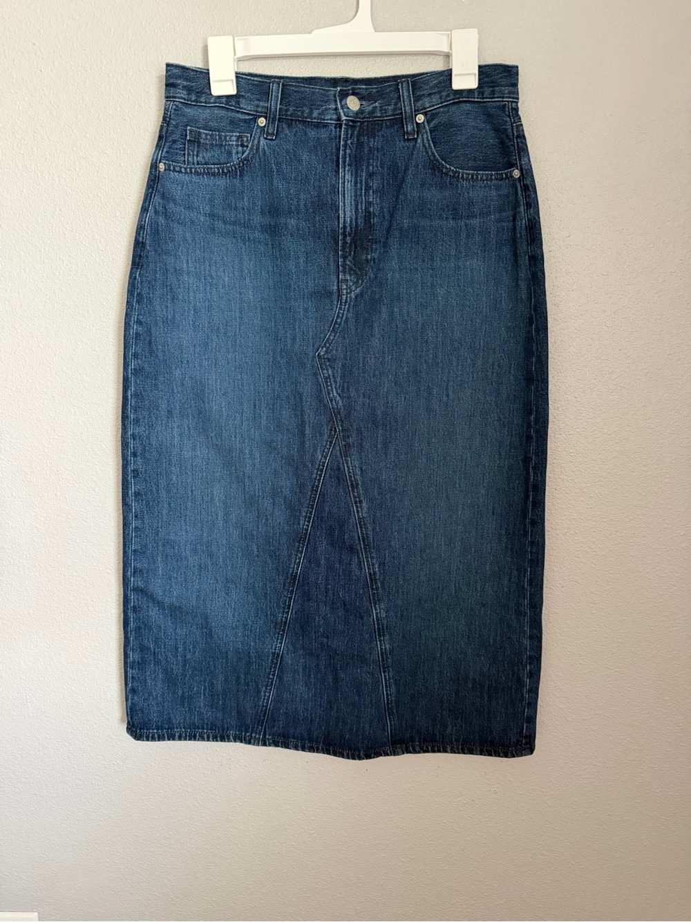 UNIQLO Denim Midi Skirt Dark Wash 100% Cotton High Waisted Size 10